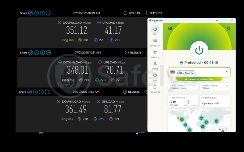 Speed test results of Lightway UDP on a US server over 3 test runs