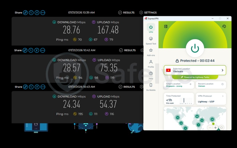 Speed test results of Lightway UDP on a Vietnam server over 3 test runs