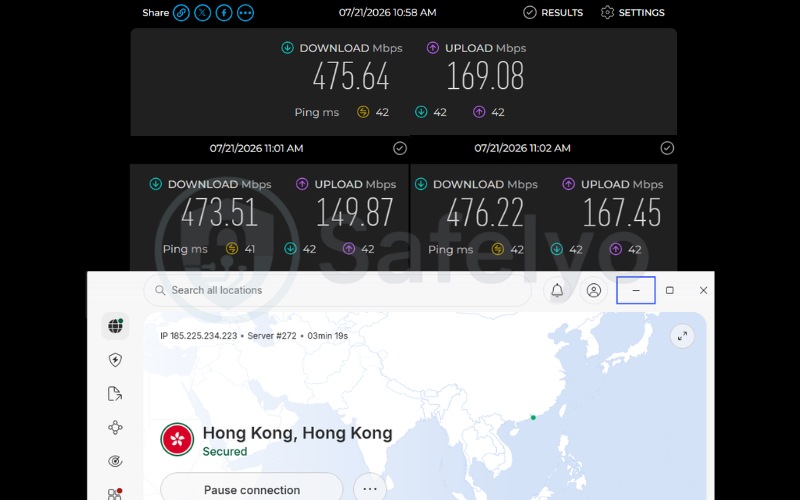 Speed test results of Nordlynx on a Hong Kong server over 3 test runs