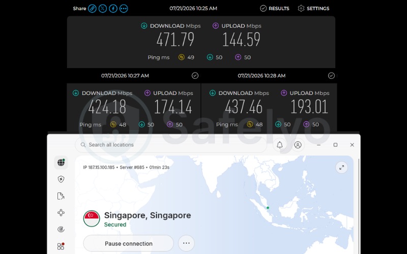 Speed test results of Nordlynx on a Singapore server over 3 test runs