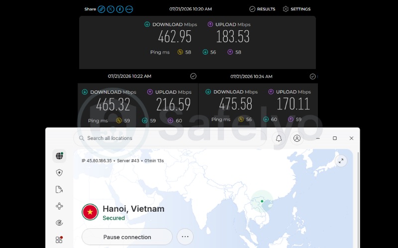 Speed test results of Nordlynx on a Vietnam server over 3 test runs