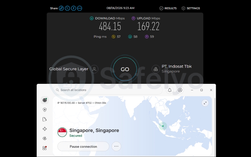 Speed test results of NordVPN app on a Singapore server