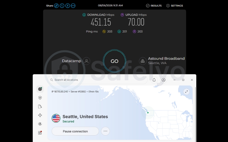 Speed test results of NordVPN app on a US server