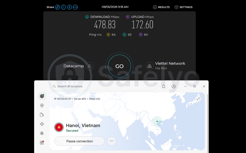Speed test results of NordVPN app on a Vietnam server