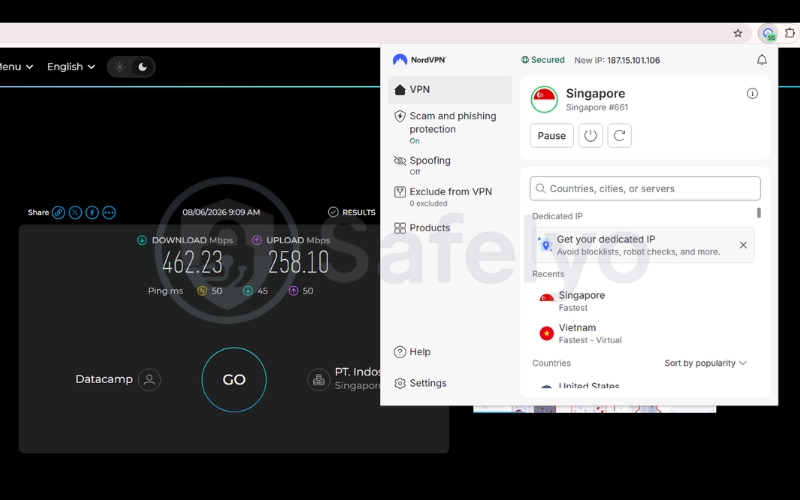 Speed test results of NordVPN extension on a Singapore server