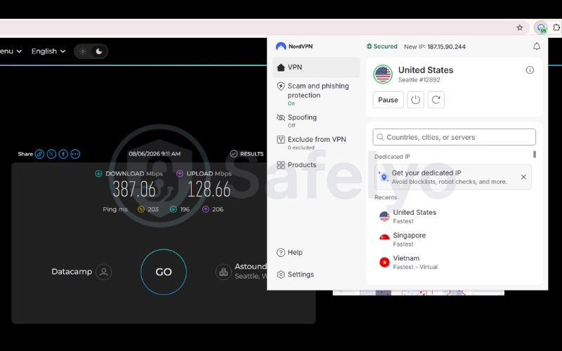 Speed test results of NordVPN extension on a US server