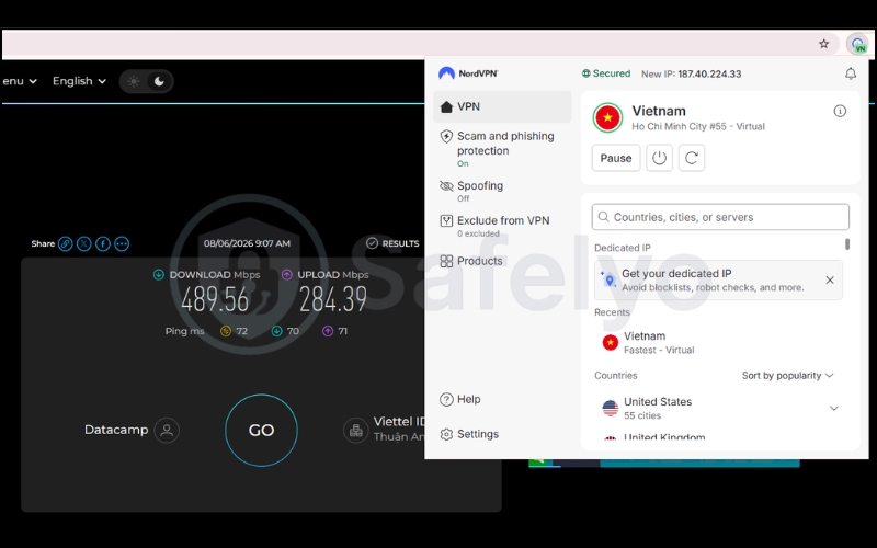 Speed test results of NordVPN extension on a Vietnam server