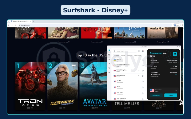 Successful unblocking of Disney Plus through Surfshark