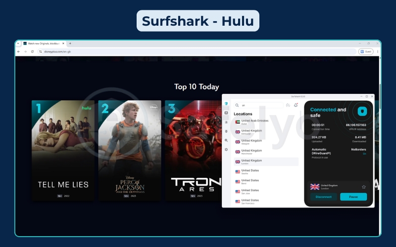 Successful unblocking of Hulu through Surfshark