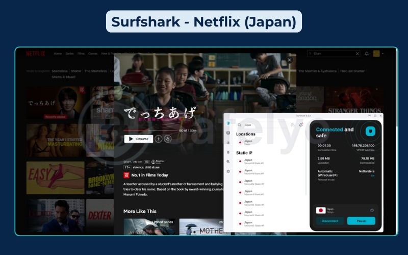 Successful unblocking of Netflix Japan through Surfshark