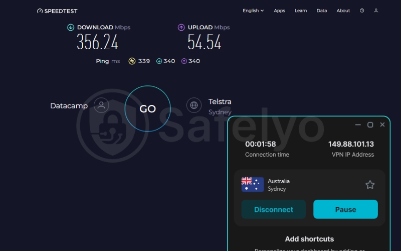 Surfshark speed test for the Australia server