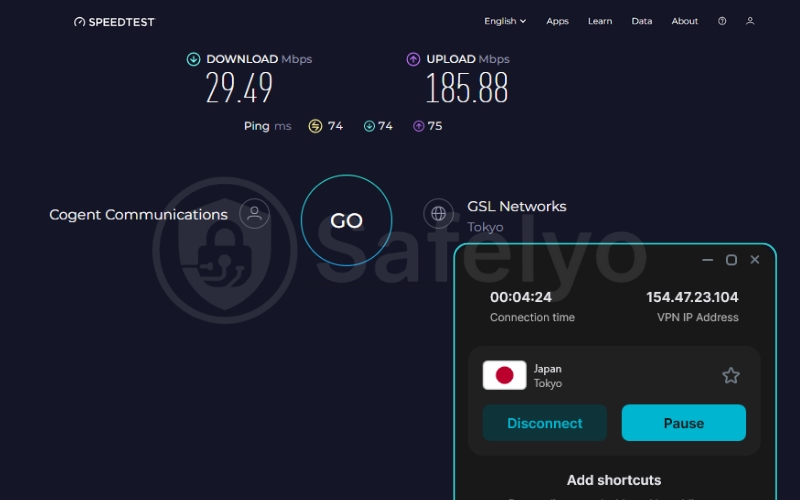 Surfshark speed test for the Japan server
