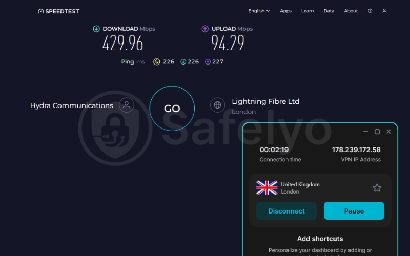 Surfshark speed test for the UK server