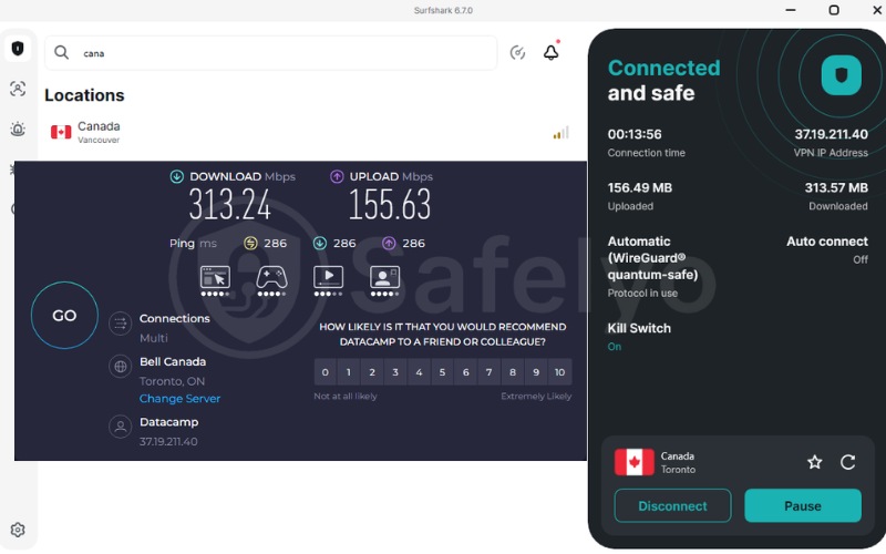 Surfshark speed test in Canada