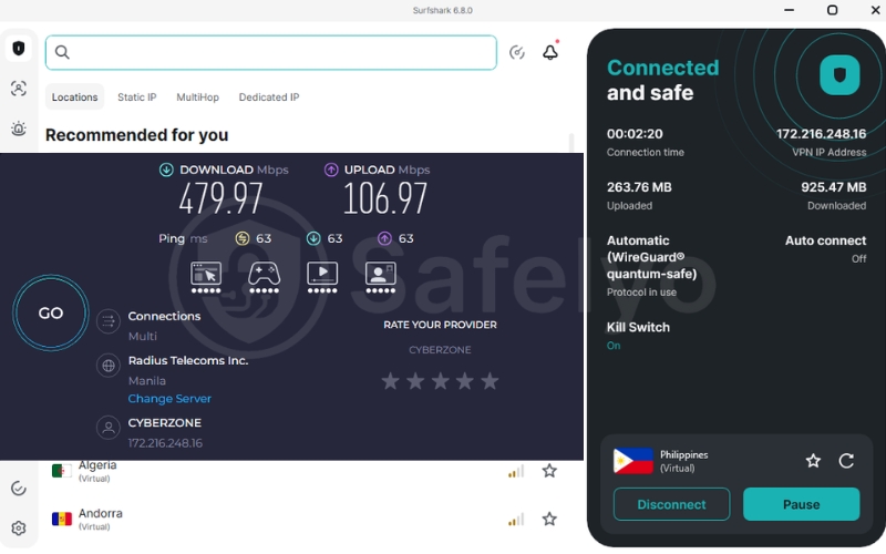 Surfshark speed test in the Philippines