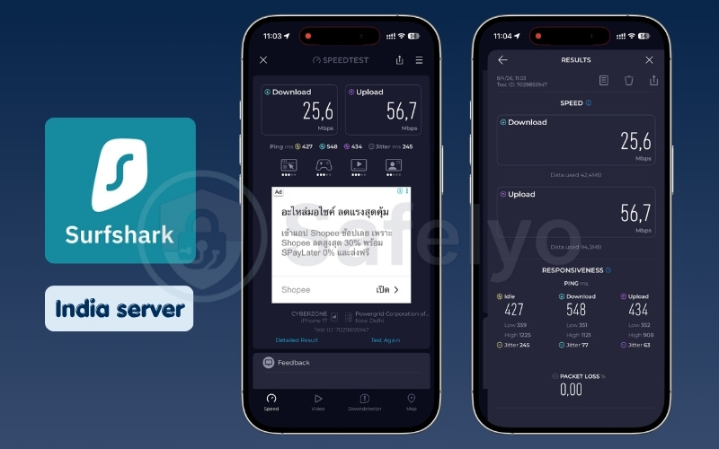 Surfshark mobile speed test results on India server