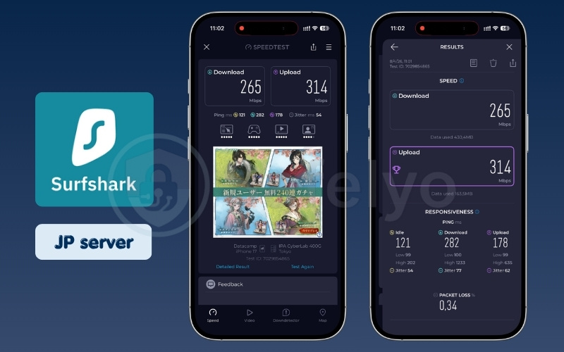 Surfshark mobile speed test results on Japan server