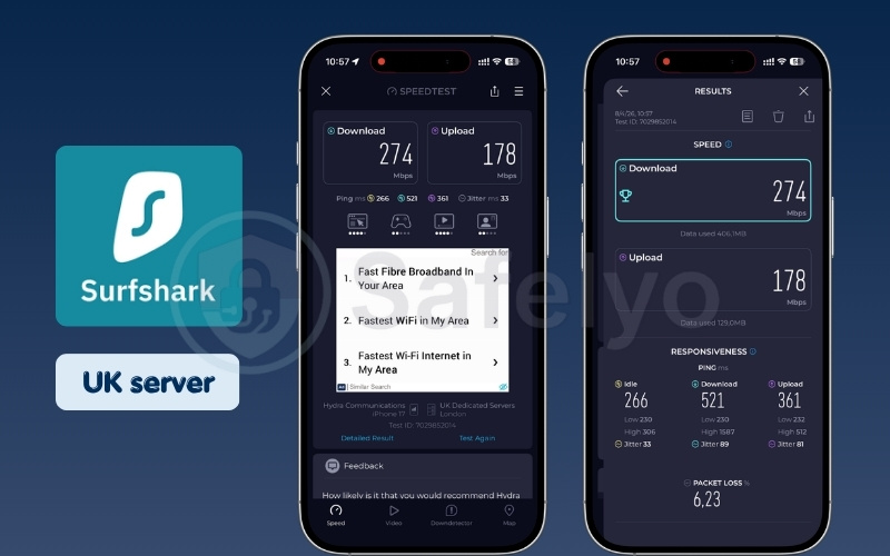 Surfshark mobile speed test results on UK server