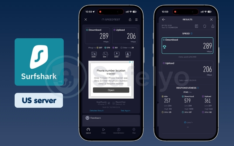 Surfshark mobile speed test results on US server
