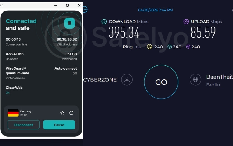 Surfshark speed test results on Germany server