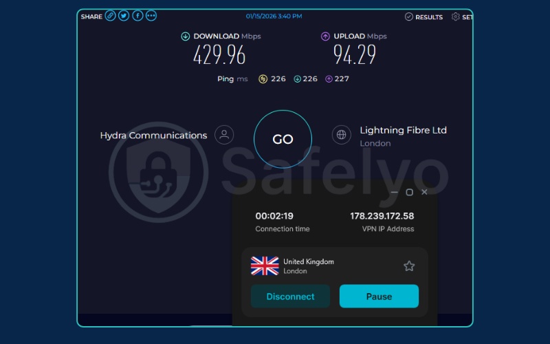 Speed testing Surfshark on a UK server