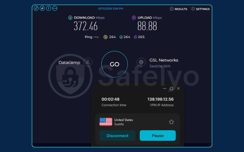Speed testing Surfshark on a US server