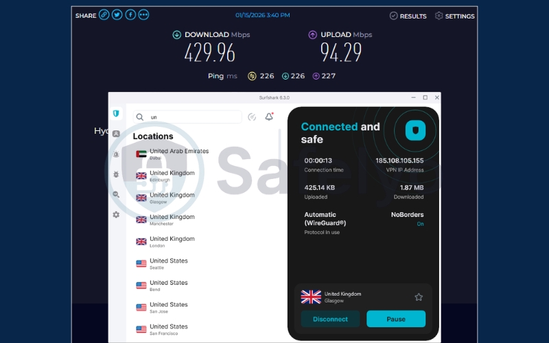 Surfshark speedtest in UK server