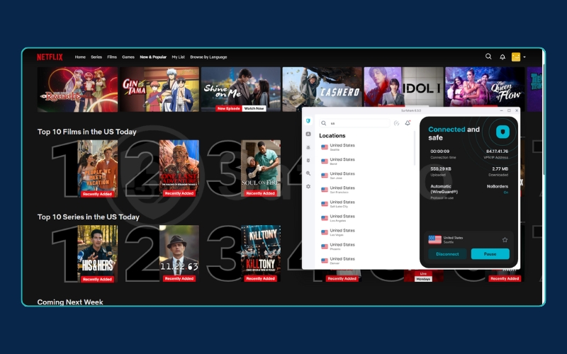 Surfshark VPN successfully unblocks Netflix US library