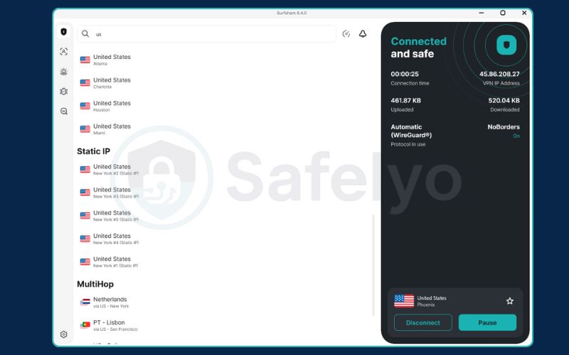 Surfshark VPN app connected to a US server