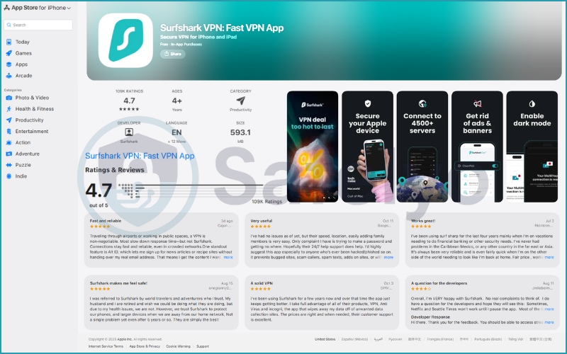 Surfshark VPN rating and reviews on App Store