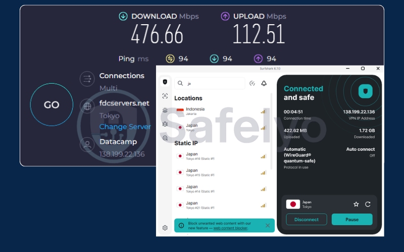 Surfshark VPN speed test in JP server