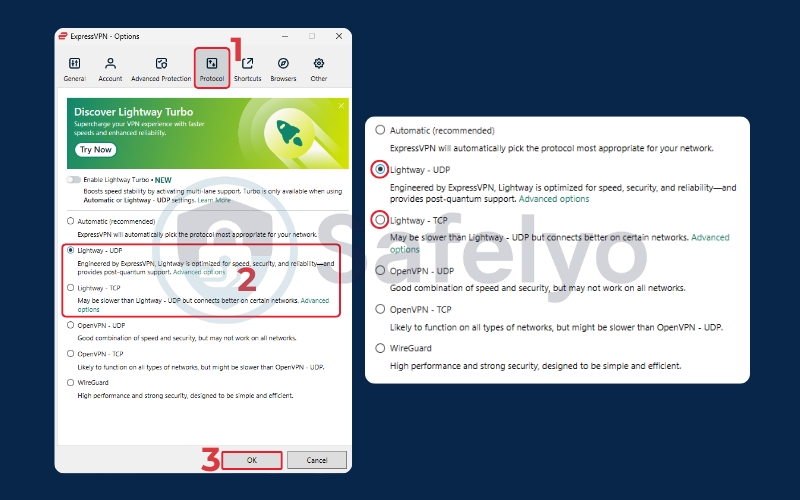 Switch protocol to fix the "Unable to Connect" error on ExpressVPN
