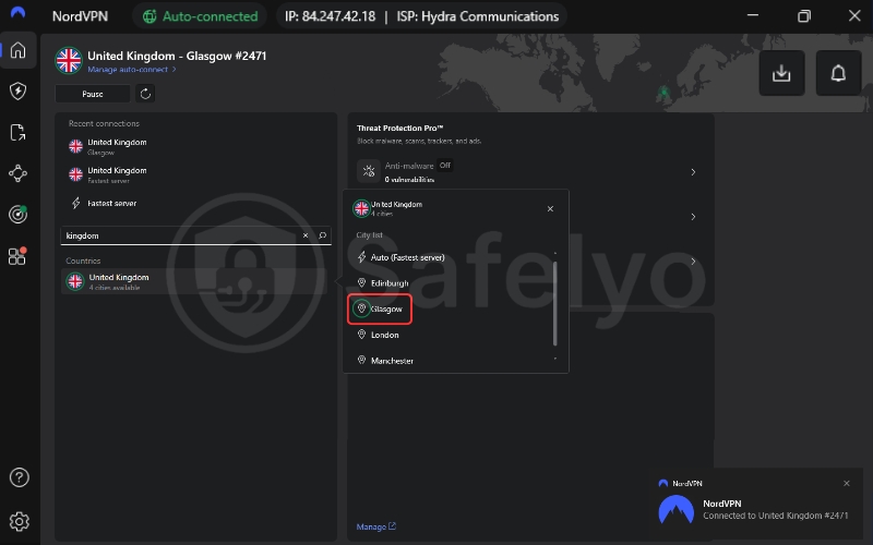 Switch the UK Server to another city to access BBC iPlayer
