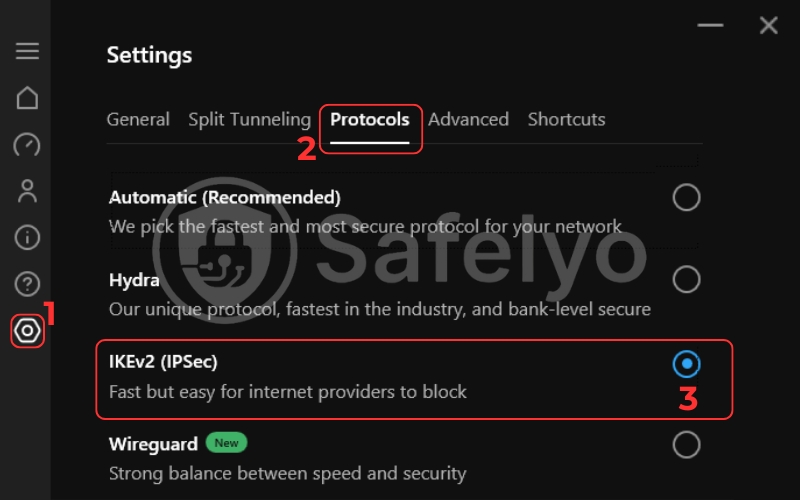Switching the protocol to IKEv2 to fix the Hotspot Shield not connecting error