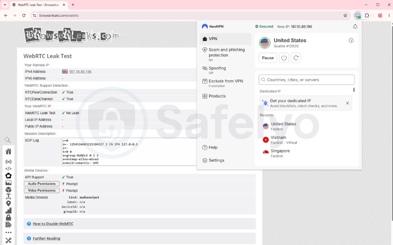 Test VPN browser extension for WebRTC leaks