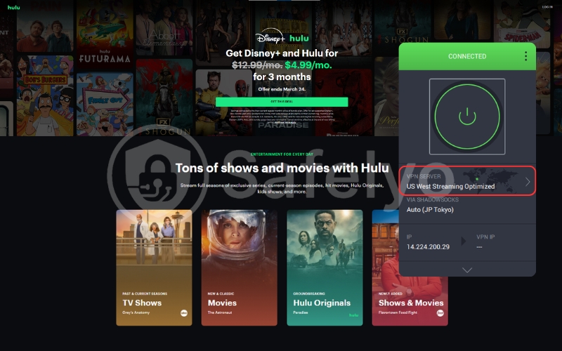The PIA US streaming optimized server works with Hulu