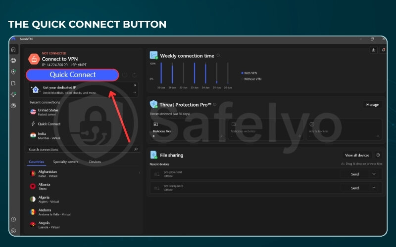 The Quick Connect button intelligently selects an optimal server