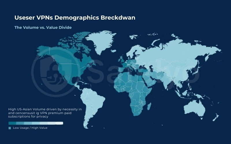 The world heatmap illustrates the geographical distribution of VPN users