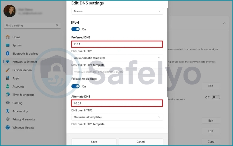 Toggle on IPv4, and enter your chosen DNS servers Toggle on IPv4, and enter your chosen DNS servers