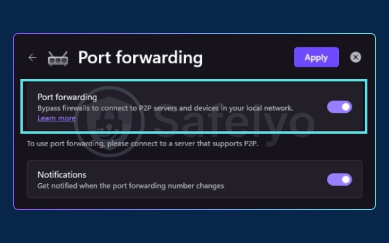 Enabling the Port Forwarding toggle switch and clicking the Apply button.
