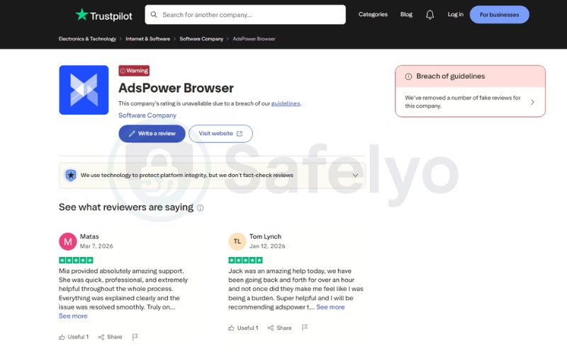 Trustpilot page showing a guideline breach warning for AdsPower Browser