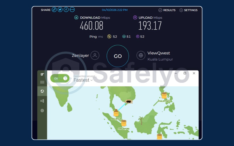 TunnelBear speed test results on Malaysia free server