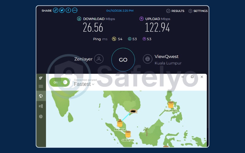 TunnelBear speed test results on Malaysia free server