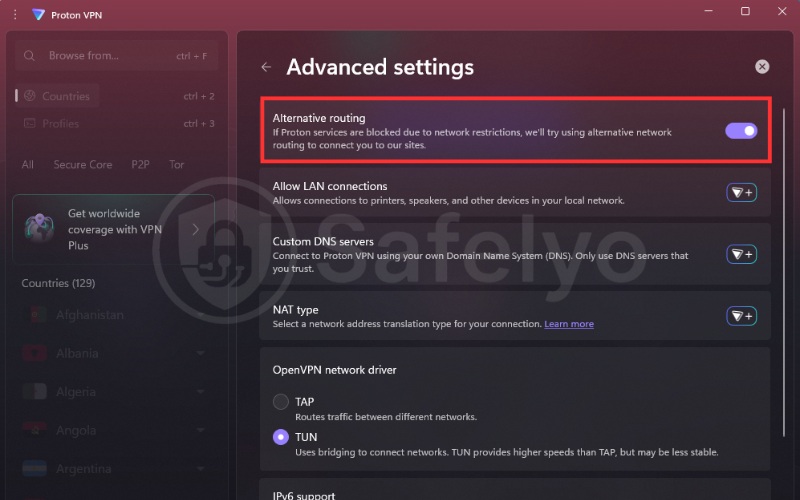 Turn on Alternative routing