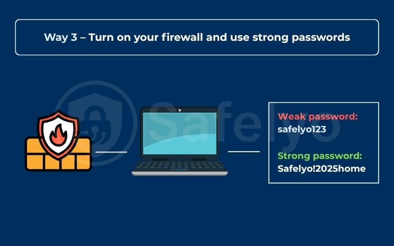 Turn on your firewall and use strong passwords