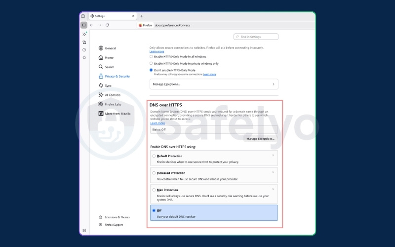 Turning off DNS over HTTPS in Firefox settings