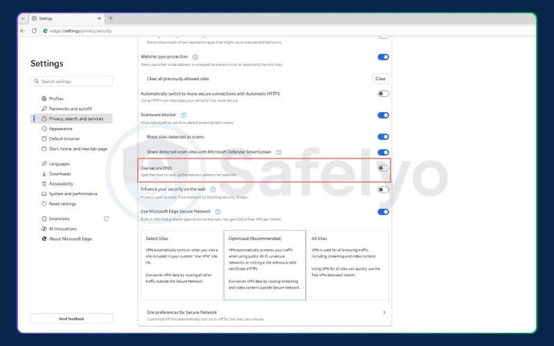 Turning off secure DNS in Edge settings