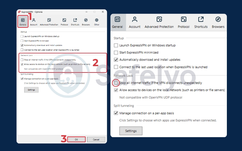 Uncheck Stop all internet traffic if the VPN disconnects unexpectedly Uncheck Stop all internet traffic if the VPN disconnects unexpectedly