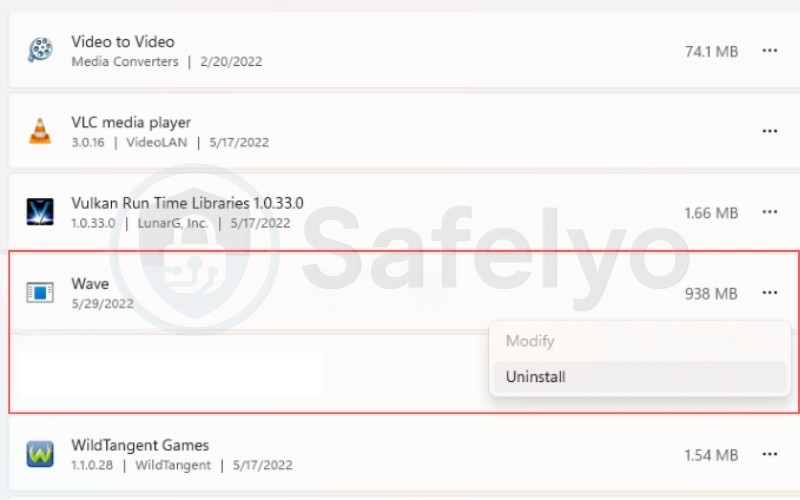 Uninstall the program via Apps & Features How to uninstall wave browser