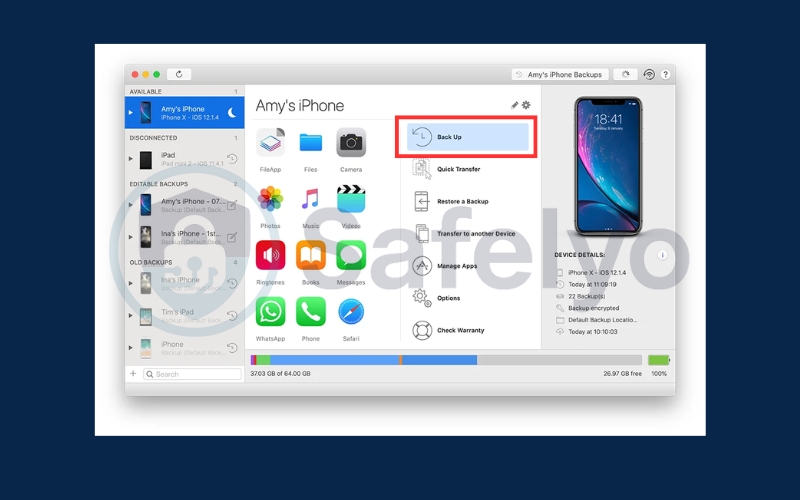 Select the device and click Backup
